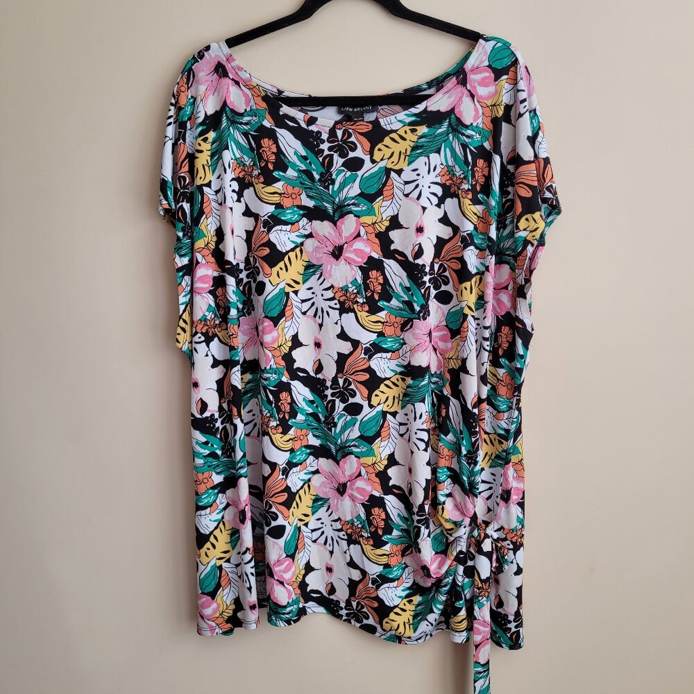 Lane Bryant Womens Blouse Plus Size 26 28 Tropical Floral Side Tie Cap Sleeves